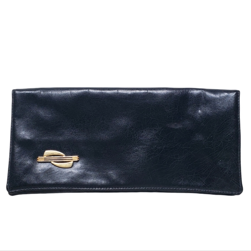 Vintage Black Leather Clutch, Envelope Shape wGoldtone Hardware